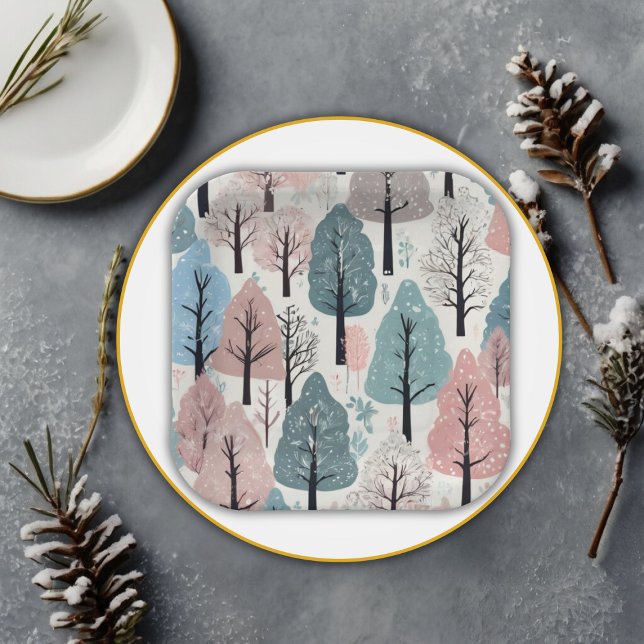 White Ribbon Winter Forest Snowflakes Babydusche Pappteller (Von Creator hochgeladen)