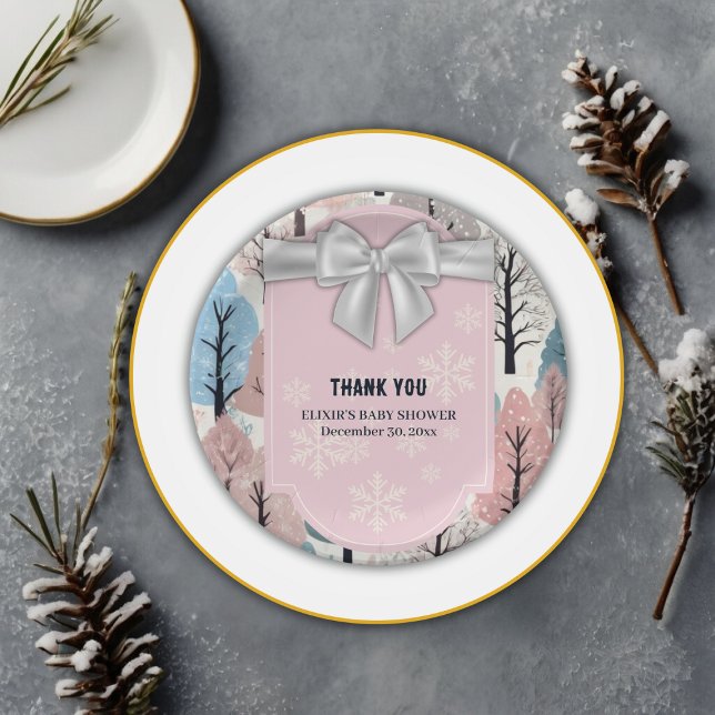 White Ribbon Winter Forest Snowflakes Babydusche Pappteller (Von Creator hochgeladen)