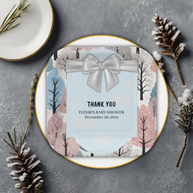 White Ribbon Winter Forest Snowflakes Babydusche Pappteller (Von Creator hochgeladen)