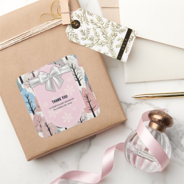 White Ribbon Winter Forest Snowflakes Babydusche Quadratischer Aufkleber (Schenken)