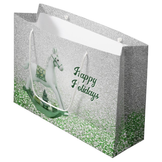 White Rocking Horse Green Weihnachtsfeiertag Große Geschenktüte (Vorderseite Schrägansicht)