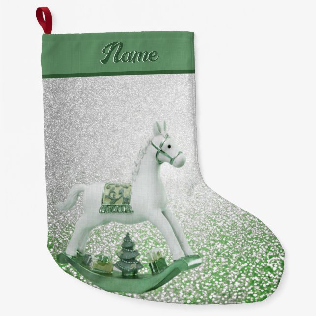 White Rocking Horse Green Weihnachtsfeiertag Großer Weihnachtsstrumpf (Vorderseite)