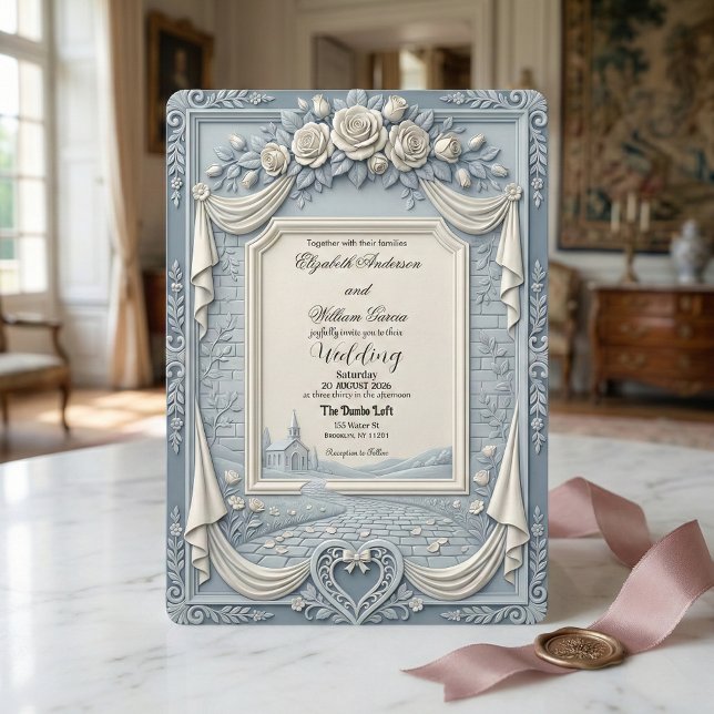 White Rose and Dusty Blue Cream Romance Wedding Einladung (Von Creator hochgeladen)