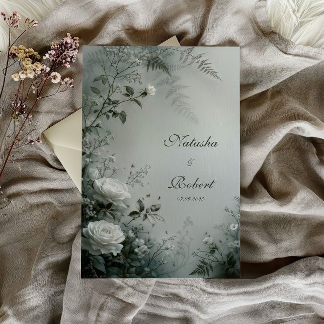 White Rose and Dusty Gray Fern Winter Wedding Einladung (Von Creator hochgeladen)