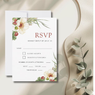White Rose and Wild Strawberry Wedding RSVP Karte