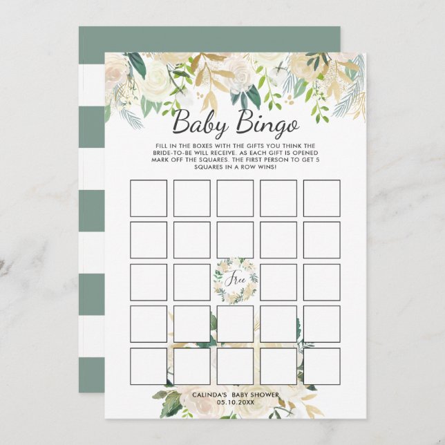 White Rose | Baby Shower Bingo Game Einladung (Vorne/Hinten)