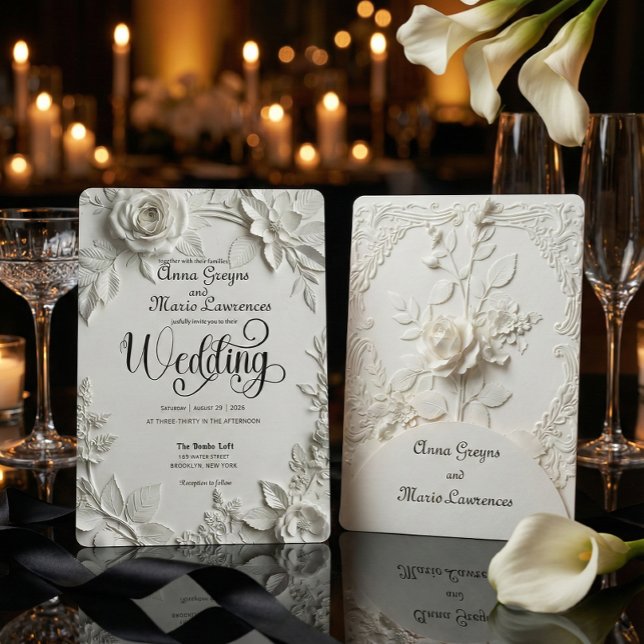 White Rose Bas Relief Faux Embossed Wedding  Einladung (Von Creator hochgeladen)