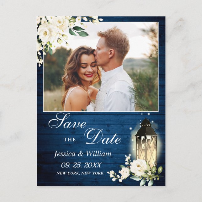 White Rose Blue Wood FOTO Wedding Save the Date Postkarte