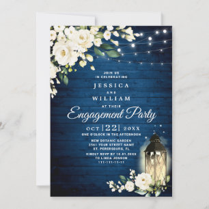 White Rose Blue Wood Rustic Engagement Party Einladung