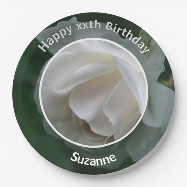 White Rose Blume Personalisiert Happy Birthday Pappteller (Vorderseite)