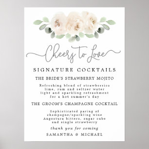 White Rose Botanical Cocktails Hochzeitsbar-Schild Poster