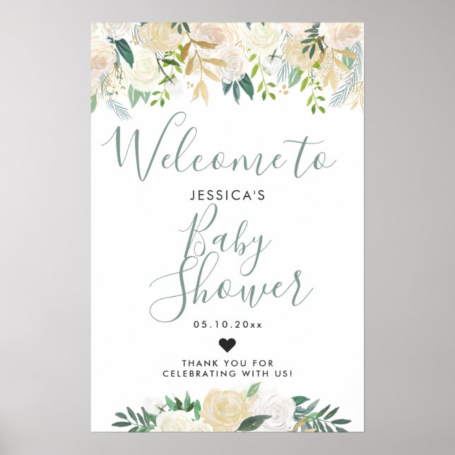 White Rose Bouquet | Babydusche | Begrüßung Poster (Vorne)
