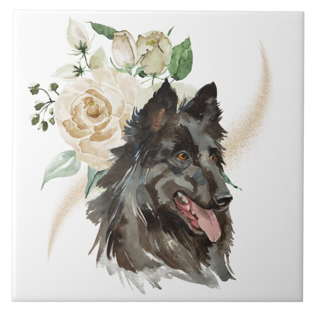 White Rose Bouquet Belgium Tervuren Dog Fliese (Vorderseite)