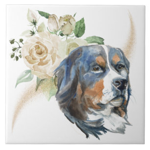 White Rose Bouquet Bernese Mountain Dog Fliese