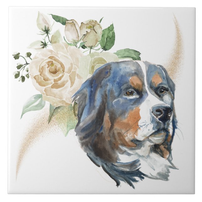 White Rose Bouquet Bernese Mountain Dog Fliese (Vorderseite)