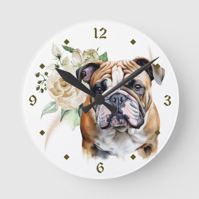 White Rose Bouquet Bulldog Runde Wanduhr (Vorderseite)