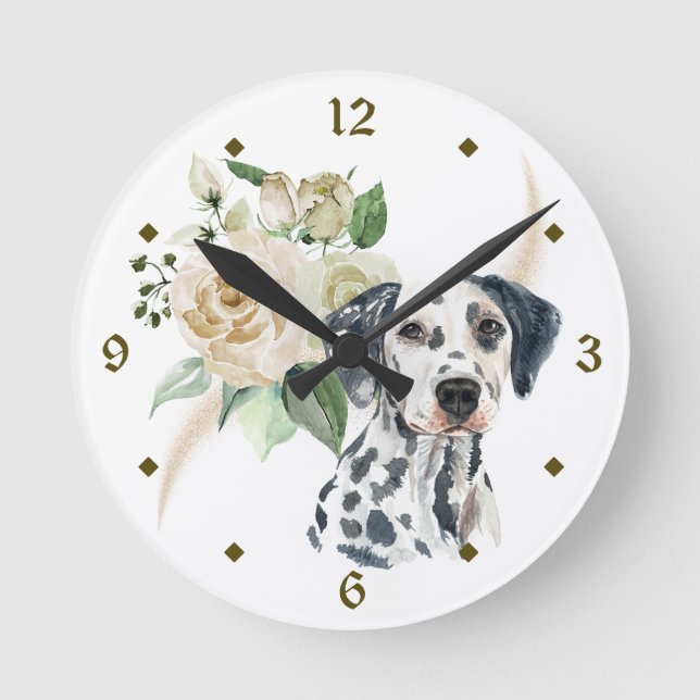 White Rose Bouquet Dalmatiner Dog Runde Wanduhr (Vorderseite)