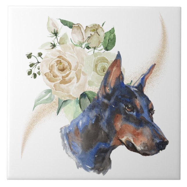 White Rose Bouquet Doberman Pinscher Dog Fliese (Vorderseite)