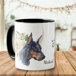 White Rose Bouquet Doberman Pinscher Dog Tasse