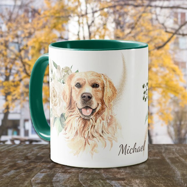 White Rose Bouquet Golden Retriever Dog Tasse (Von Creator hochgeladen)