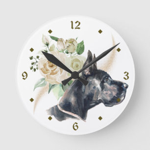 White Rose Bouquet Great Dane Dog Runde Wanduhr