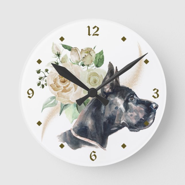 White Rose Bouquet Great Dane Dog Runde Wanduhr (Vorderseite)