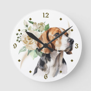 White Rose Bouquet Miniature Beagle Hund Runde Wanduhr