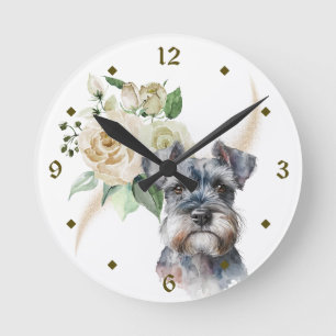 White Rose Bouquet Miniature Schnauzer Dog Runde Wanduhr
