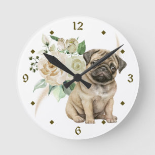 White Rose Bouquet Mops Puppy Runde Wanduhr