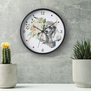White Rose Bouquet Poodle Dog Runde Wanduhr