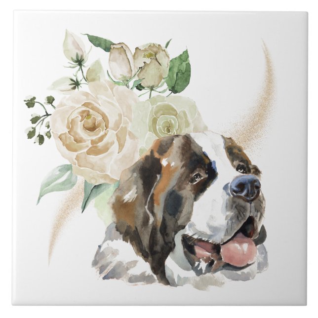 White Rose Bouquet Saint Bernard Dog Fliese (Vorderseite)