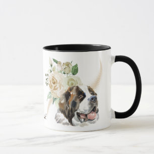 White Rose Bouquet Saint Bernard Dog Tasse