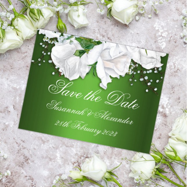 White Rose Bouquet und Metallic Green Wedding Ankündigungspostkarte (Von Creator hochgeladen)