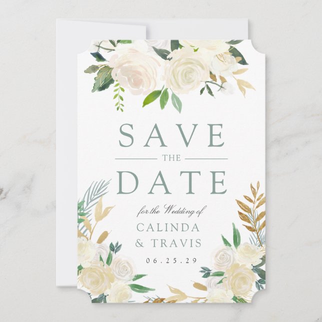 White Rose Bouquet wild Floral Save the Date (Vorderseite)