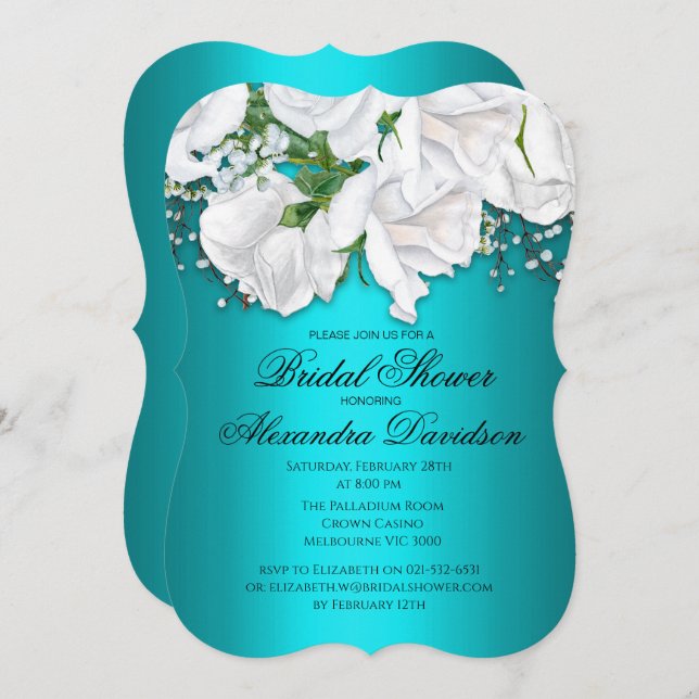 White Rose Bridal Bouquet Aqua Brautparty Einladung (Vorne/Hinten)