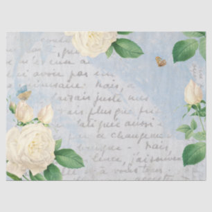 White Rose Butterfly Französisch Script Blue Decou Seidenpapier