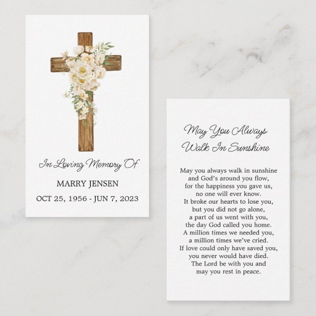White rose Cross Memorial Funeral Prayer Card Visitenkarte (Vorne/Hinten)