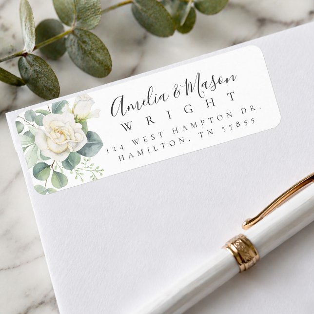 White Rose Eucalyptus Wedding Return Address (White Rose Eucalyptus Wedding Return Address Label)