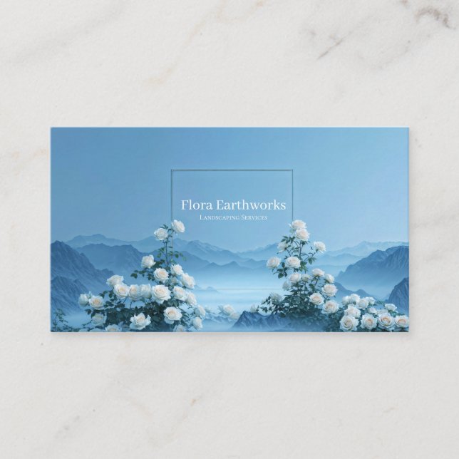 White Rose Floral and Misty Blue Mountain Frame Visitenkarte (Vorderseite)