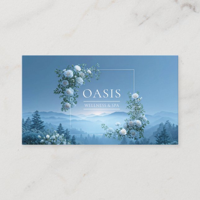 White Rose Floral and Misty Blue Mountain Valley Visitenkarte (Vorderseite)