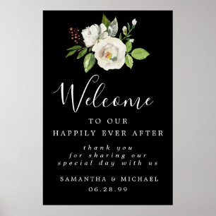 White Rose Floral Elegante Hochzeit Begrüßungszeic Poster