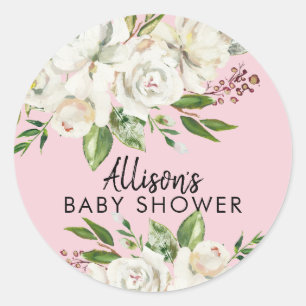 White Rose Floral Girls Babydusche Umschlag Aufkle Runder Aufkleber