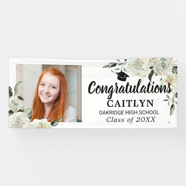 White Rose Floral Gold Glitzer Graduation Party Banner (Horizontal)
