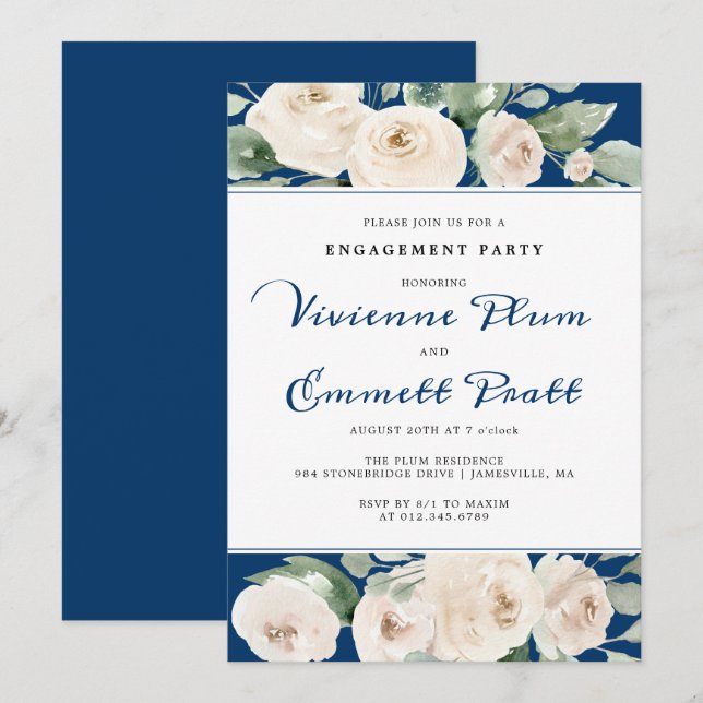 White Rose Floral on Navy Blue Engagement Party Einladung (Vorne/Hinten)