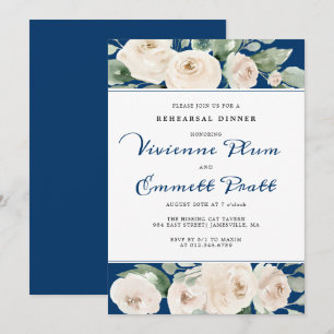 White Rose Floral on Navy Blue Probe Dinner Einladung