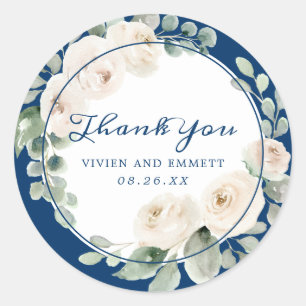 White Rose Floral on Navy Blue Wedding Vielen Dank Runder Aufkleber