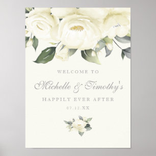 White Rose Floral Wedding Sign Poster