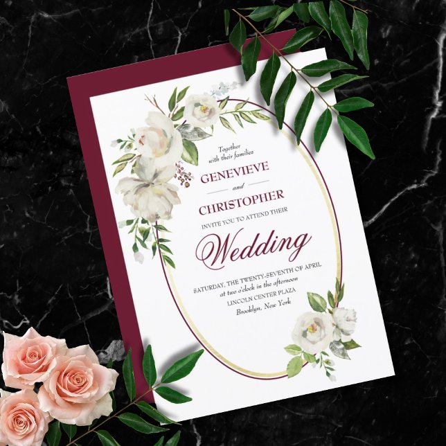 White Rose Formal Burgundy Floral Wedding Einladung (Formal Burgundy White Rose Floral Botanical Wedding Invitation)