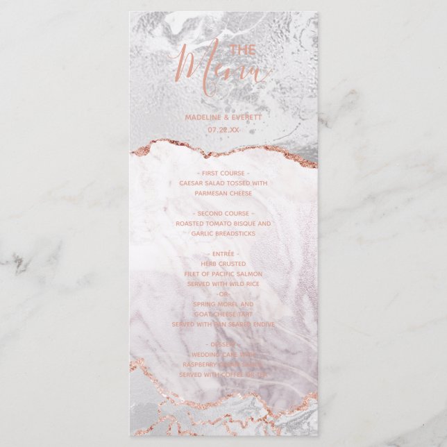 White & Rose Gold Agate Marble Foil Hochzeitsmenü Menükarte (Vorderseite)