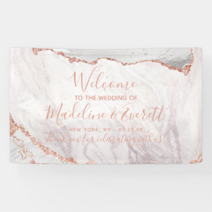 White & Rose Gold Agate Marmor Hochzeit Willkommen Banner